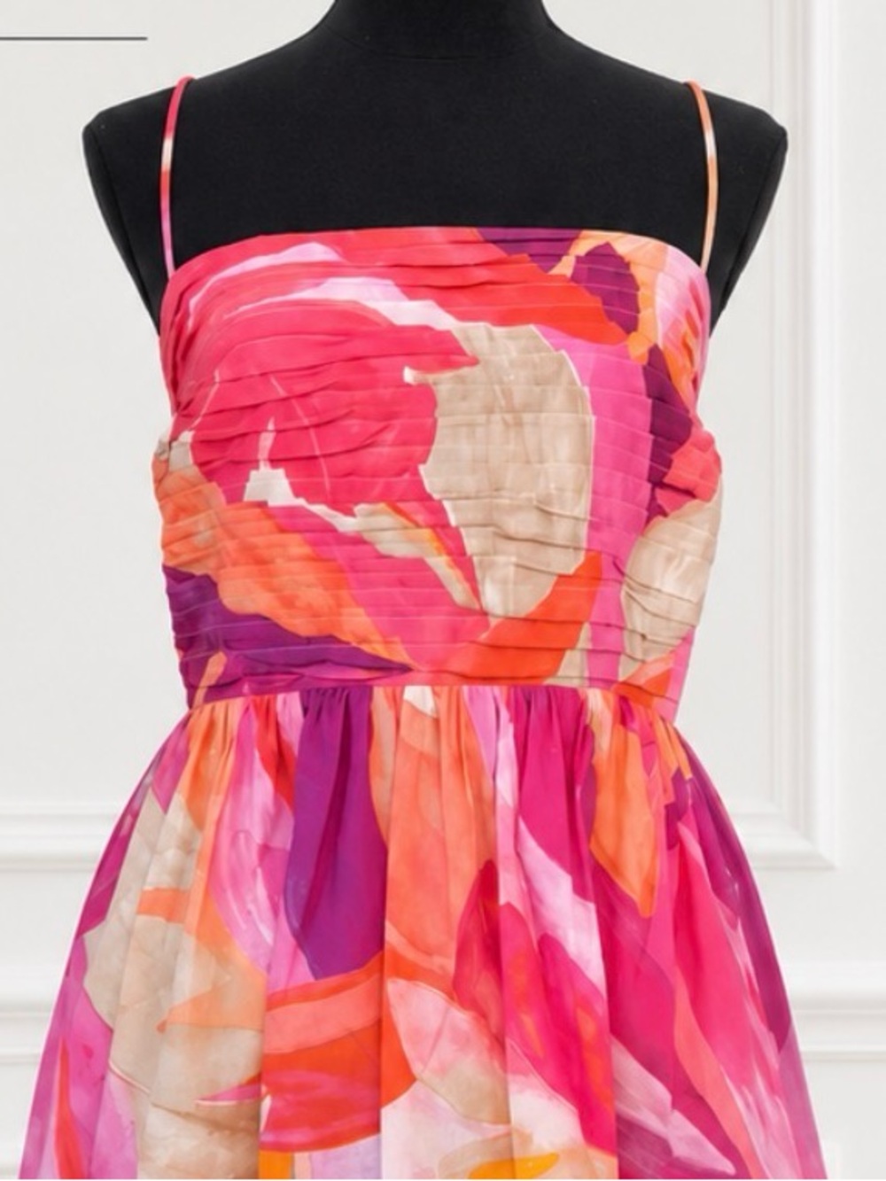 H&M Pink Orange Floral Pleated Spaghetti Strap Fit & Flare Dress size XXL - Picture 4 of 14